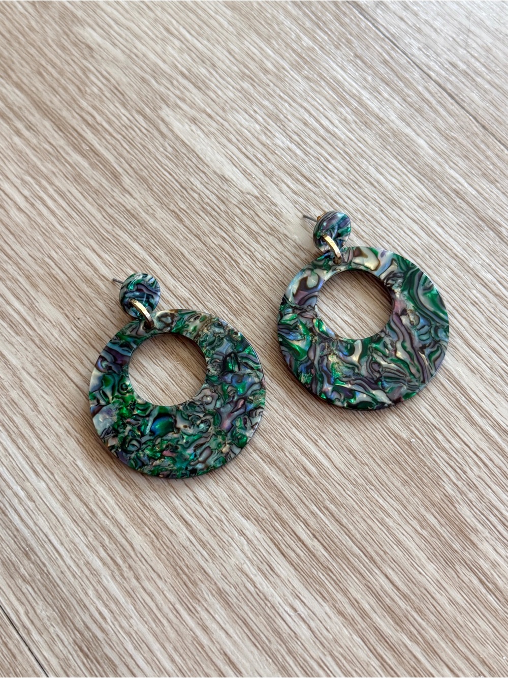 Green Blue Gold Tone Faux Abalone Shell Stud Dangle Circles Earrings 2 inch long